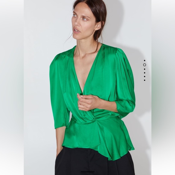 Zara Tops - Zara Green Satin Wrap Blouse